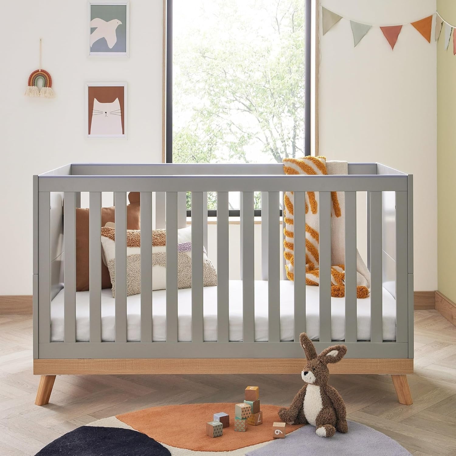 Convertible Grey Baby Cot Bed 3 Height Adjustable Toddler Bed 145x76x89 cm