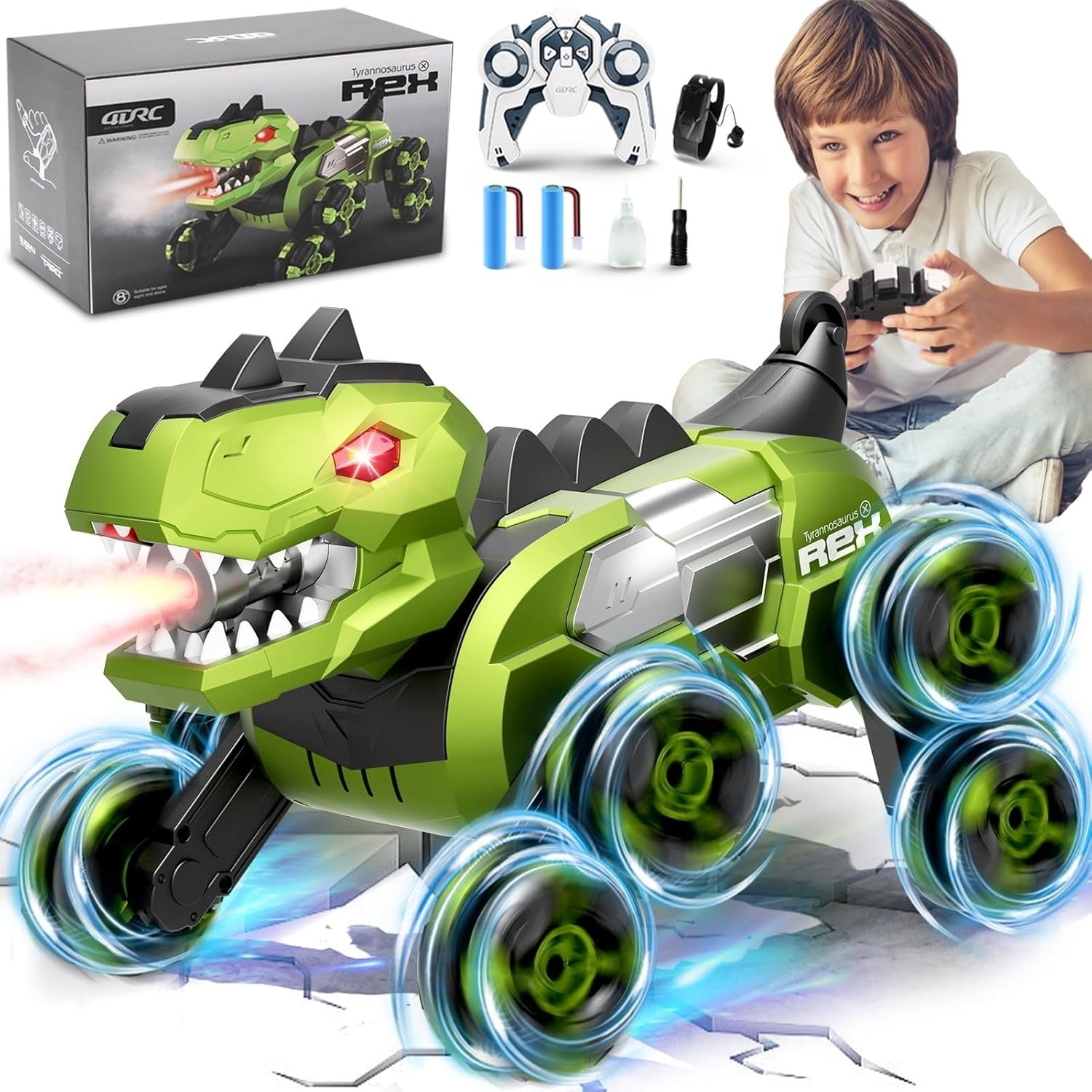 4DRC Y12 Dinosaur RC Car – 8-Wheel Stunt Car w/ LED, Spray & Gesture Control