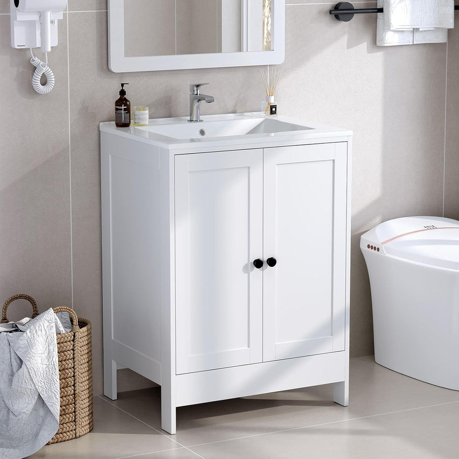 White Under Sink Bathroom Cabinet | 61x45x85cm Wooden Storage Unit 2 Doors