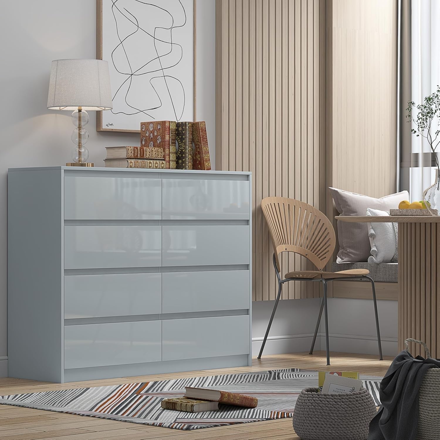 Glossy Grey 8 Drawer Chest - Modern Handleless Bedroom Storage Cabinet