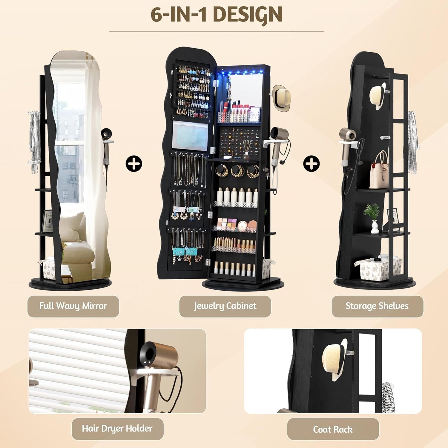 Black LED Rotating Jewellery Cabinet Lockable Wavy Mirror Organizer