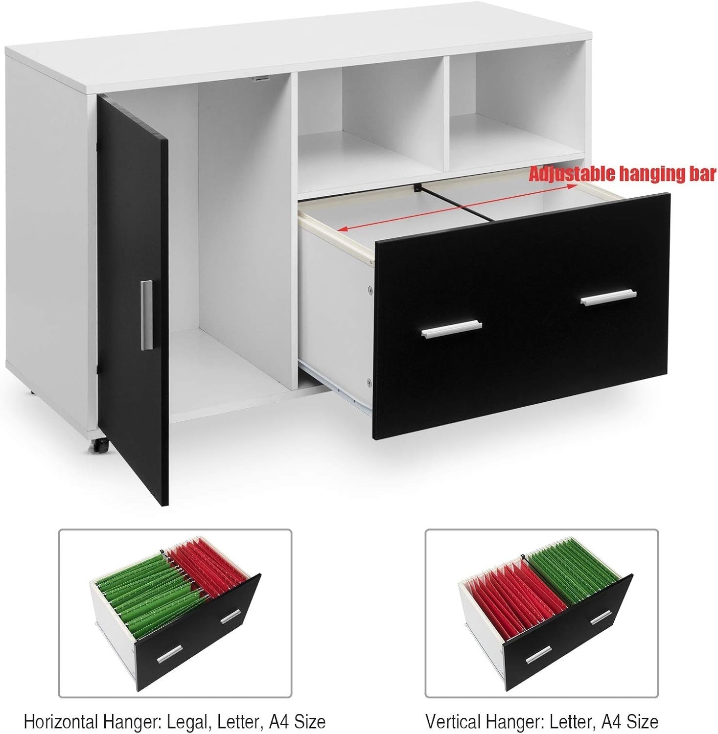 Black White Mobile File Cabinet 100cm Printer Stand Rolling Storage