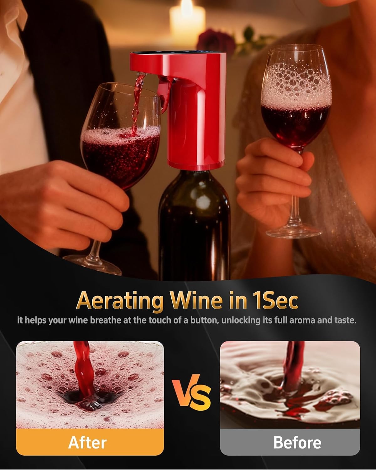 5-in-1 Electric Wine Aerator Dispenser Red USB Recharge Smart Adjustable 990ml