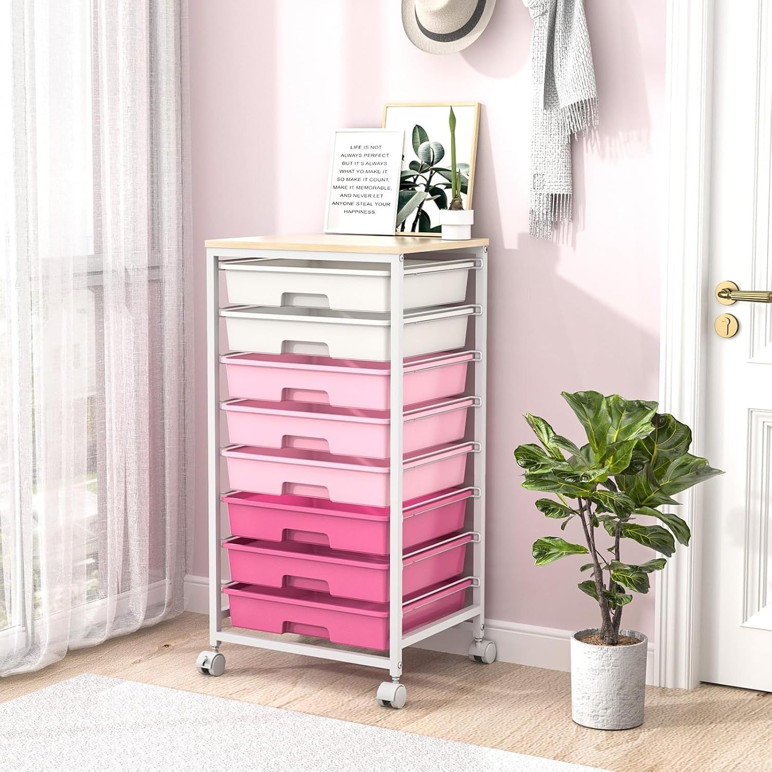 8 Drawer Rolling Storage Cart Rose Pink Utility Organizer Trolley