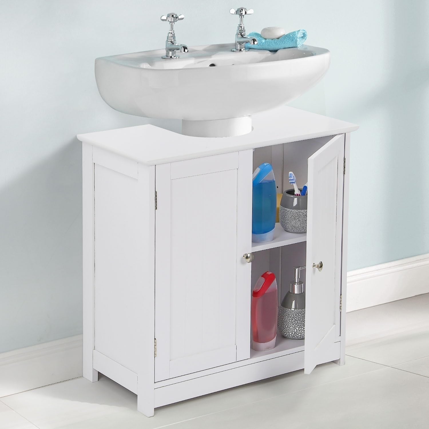 Under Sink Cabinet White Wood 60cm Bathroom Storage Cupboard Adjustable Shelf