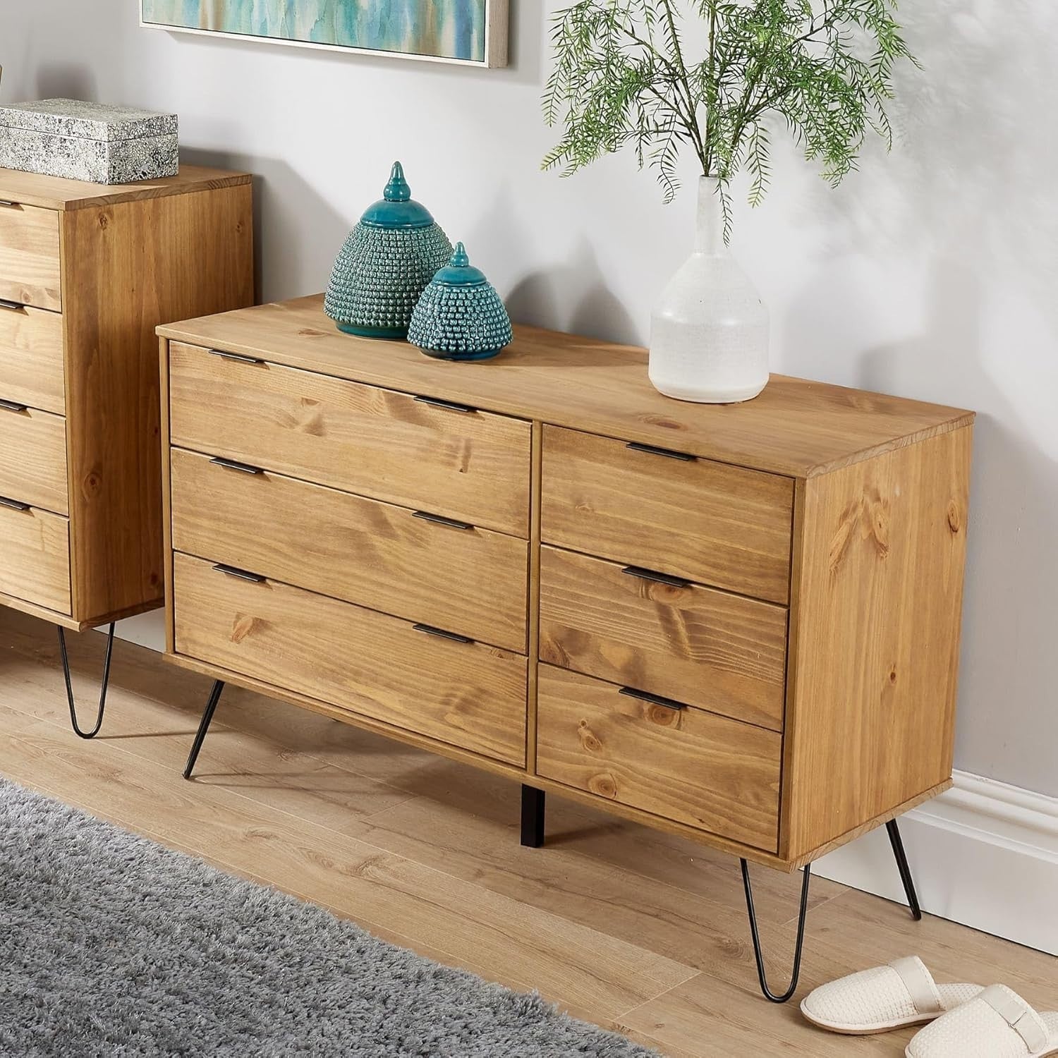 Industrial 6 Drawer Chest Pine Wood Storage Sideboard Cabinet Unit