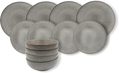 12pc Stoneware Dinner Set Grey Nordic Plates Bowls Microwave Dishwasher Safe