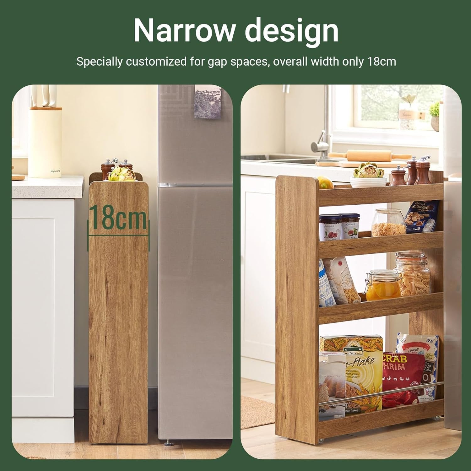 Slim Kitchen Storage Trolley 4 Tier Narrow Rolling Cart with Wheels
