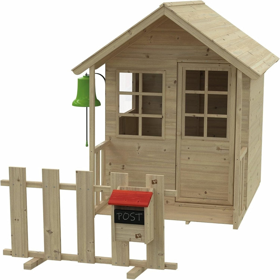 Wooden Kids Playhouse Cottage Outdoor w Bell Postbox Fence Garden