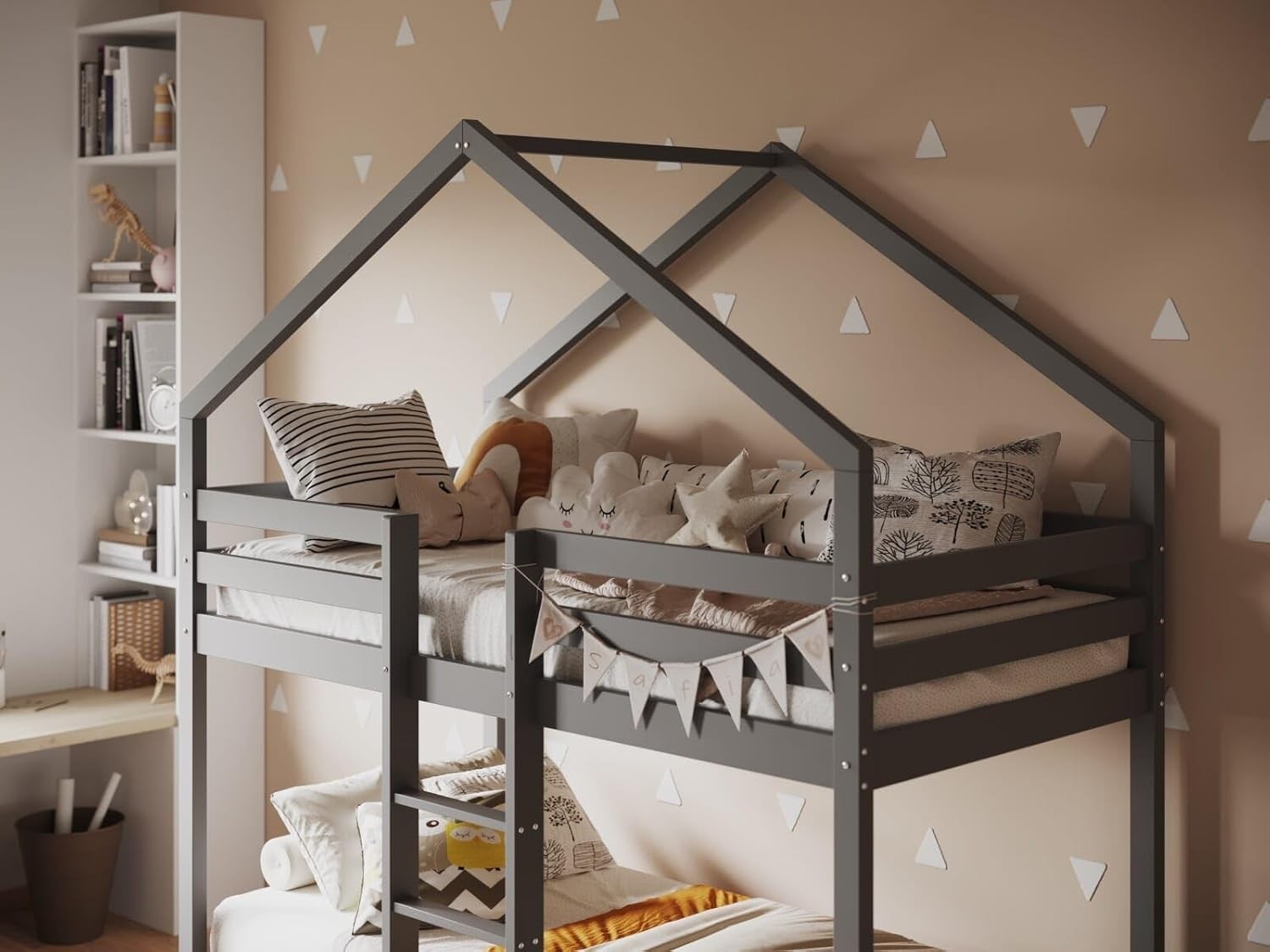 Kids Grey Bunk Bed with Roof Frame Pine Wood Sturdy Safe Sleep Space