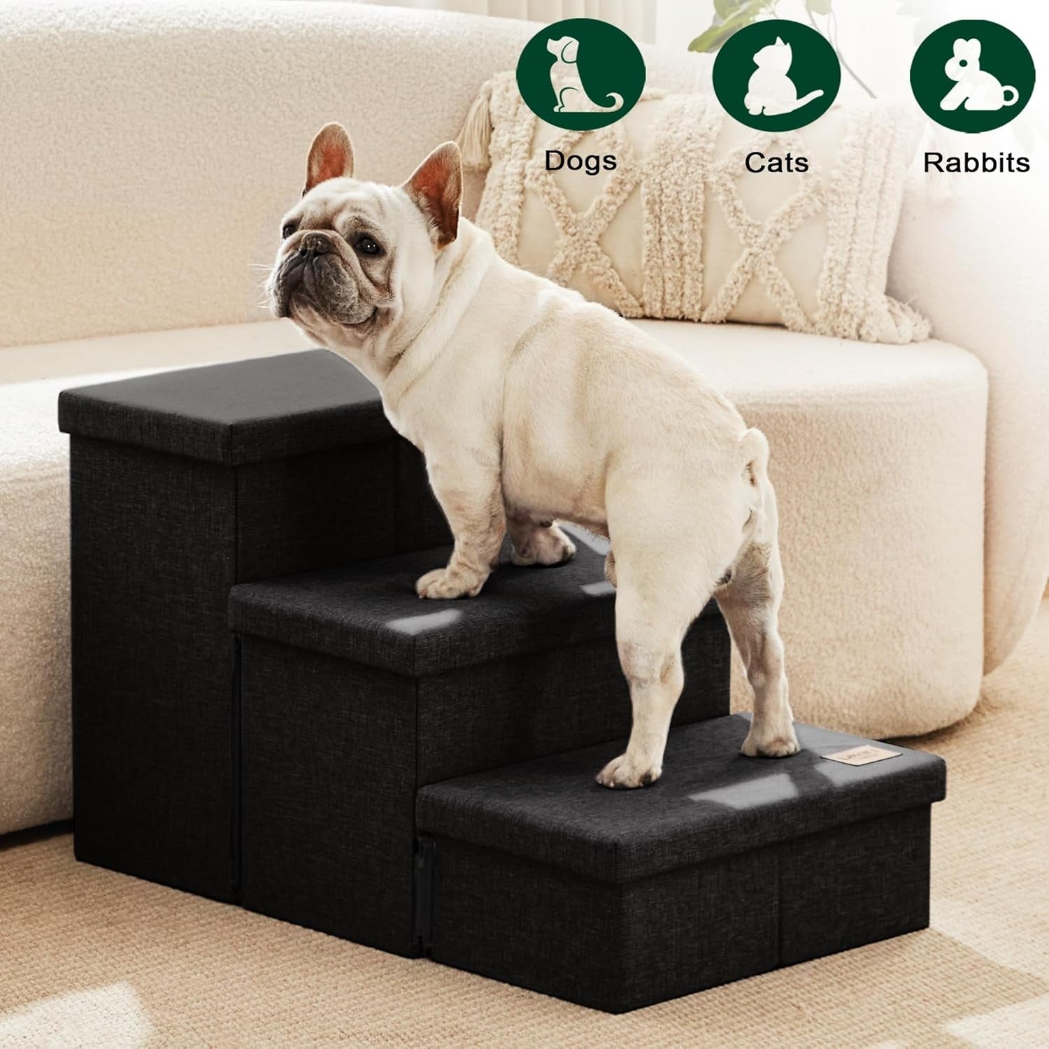 Dog Stairs 3 Step with Storage 18" High Foldable Pet Steps Black