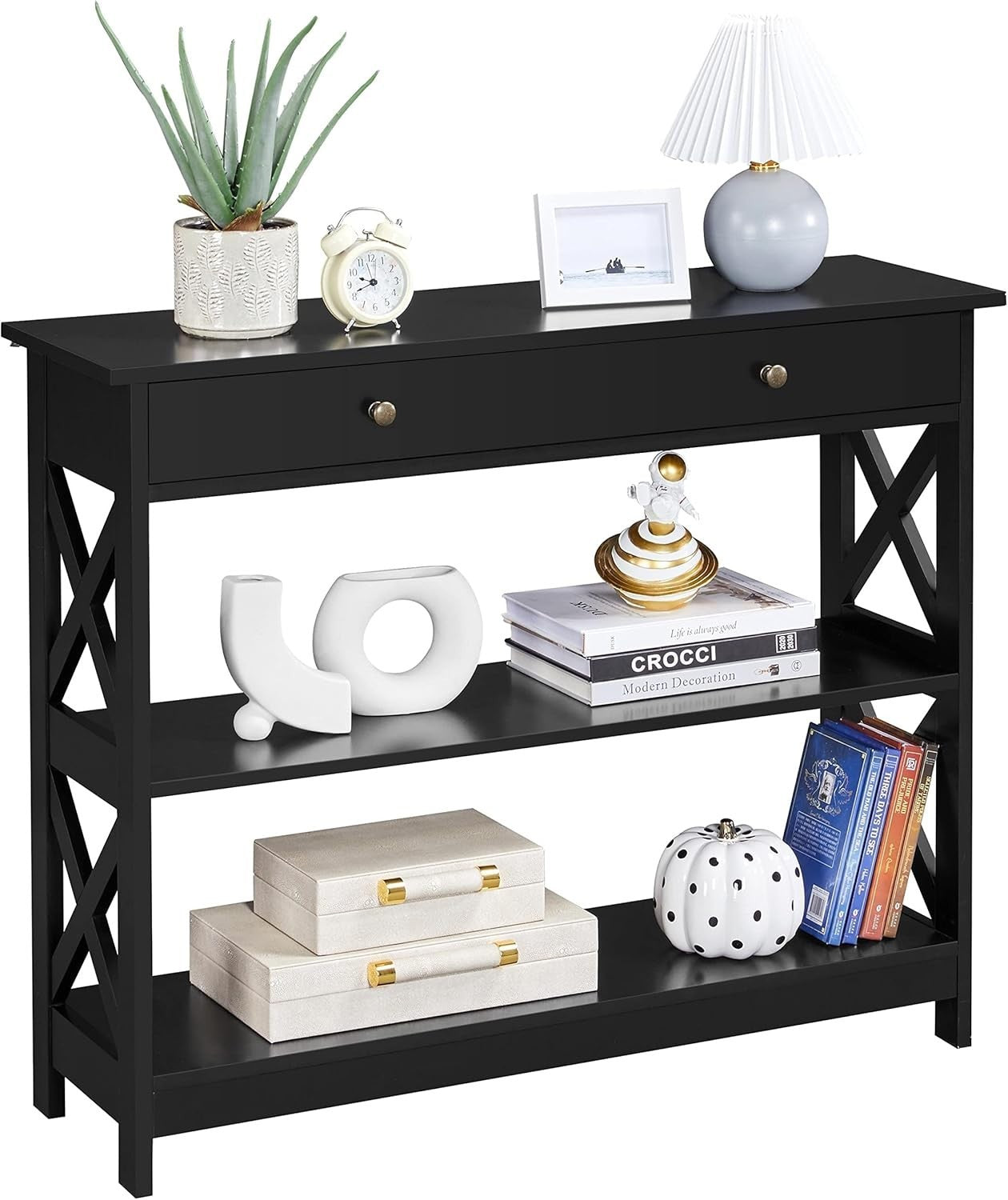 3 Tier Console Table with Drawer & Storage – Black Entryway Shelf Unit