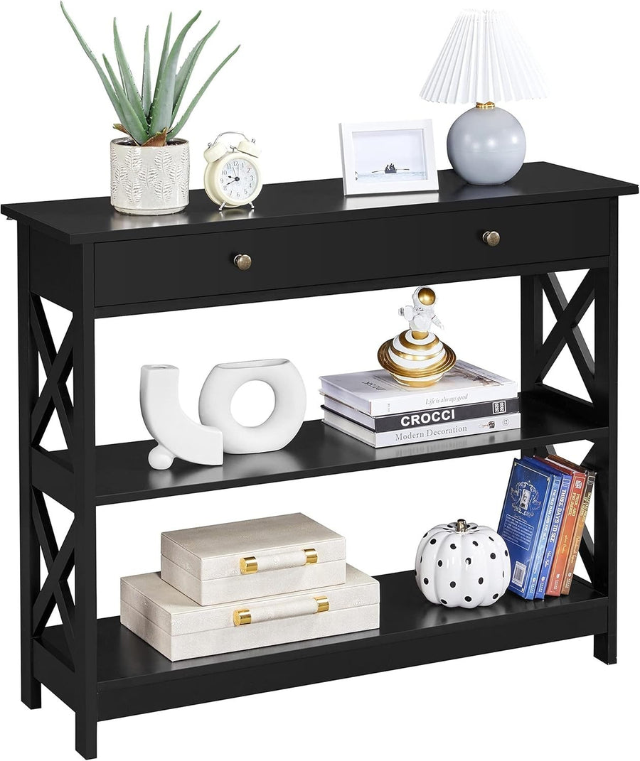 3 Tier Console Table with Drawer & Storage – Black Entryway Shelf Unit
