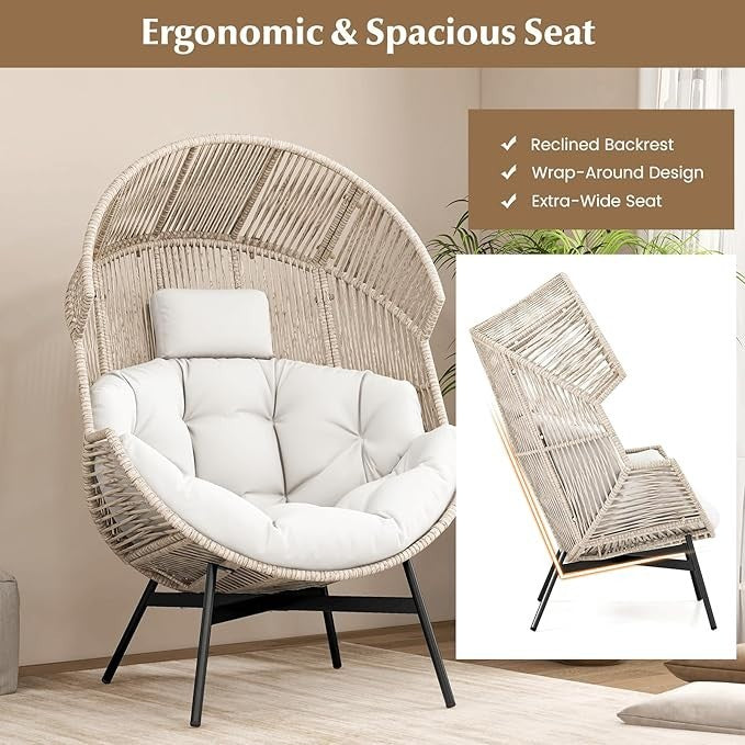 Oversized Rattan Egg Chair Outdoor Recliner with Cushions & Headrest – Max 180kg