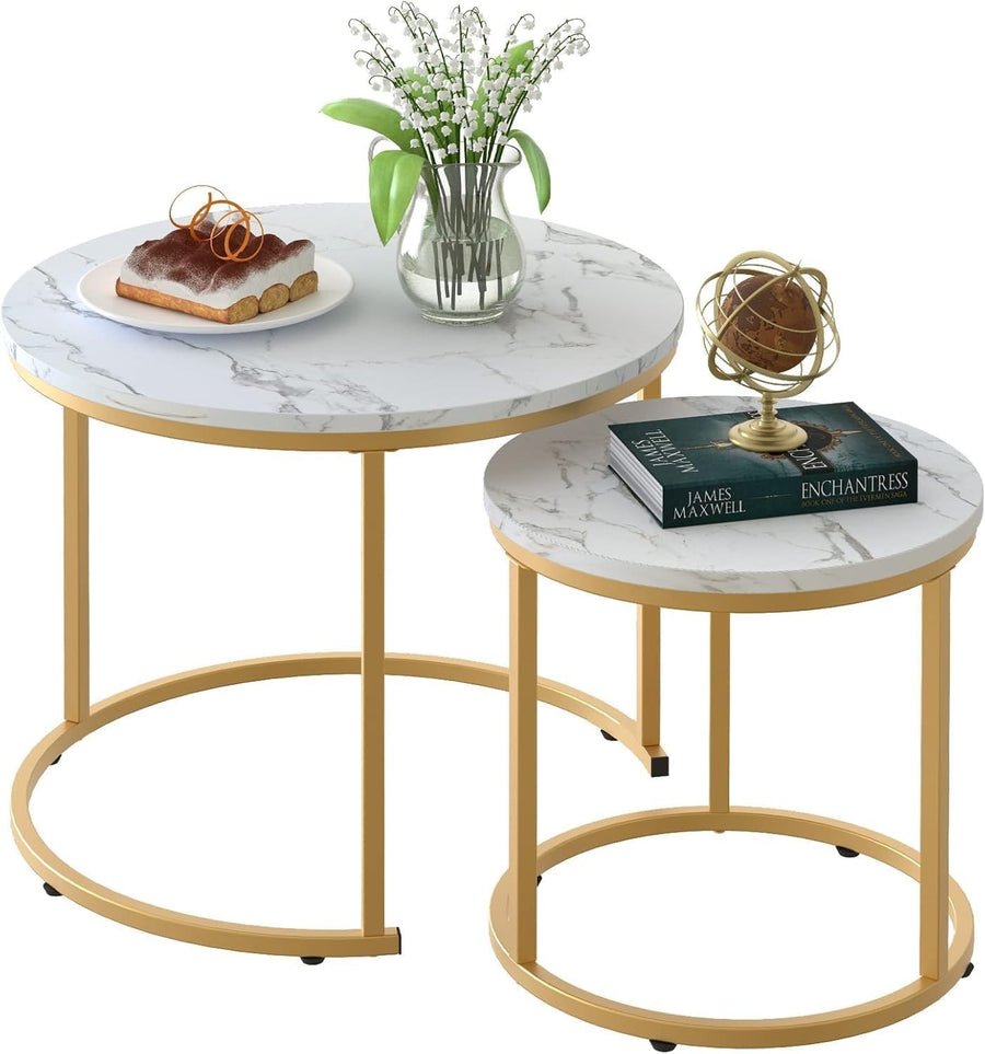 Round Gold Nesting Coffee Table Set White Marble Top Modern Side End Tables