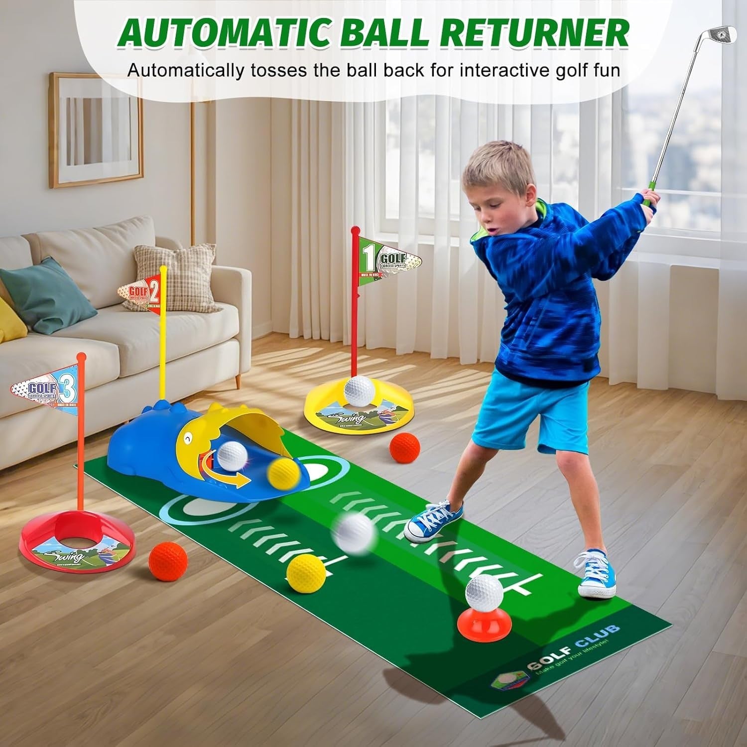 Kids Golf Set w/ Automatic Ball Return, Putting Mat & Clubs Indoor Outdoor