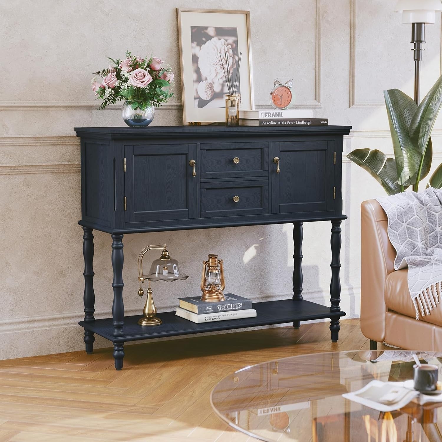 Retro Navy Blue Console Table with Storage Drawers & Shelf for Hallway
