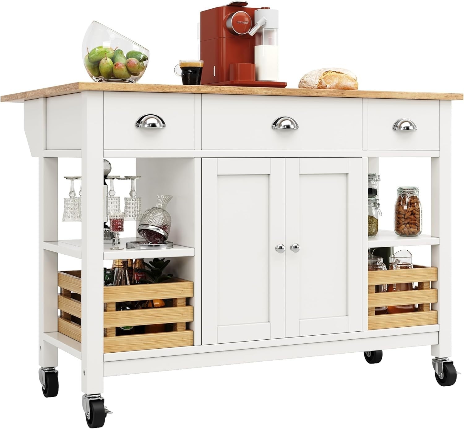 Rolling Kitchen Island Trolley with 3 Drawers & Spice Rack White 120x45cm