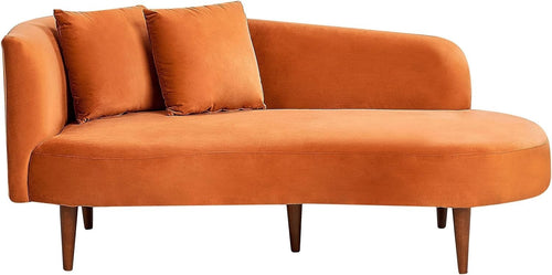 Modern Left Hand Velvet Chaise Lounge Orange with Dark Wood Legs & Pillows