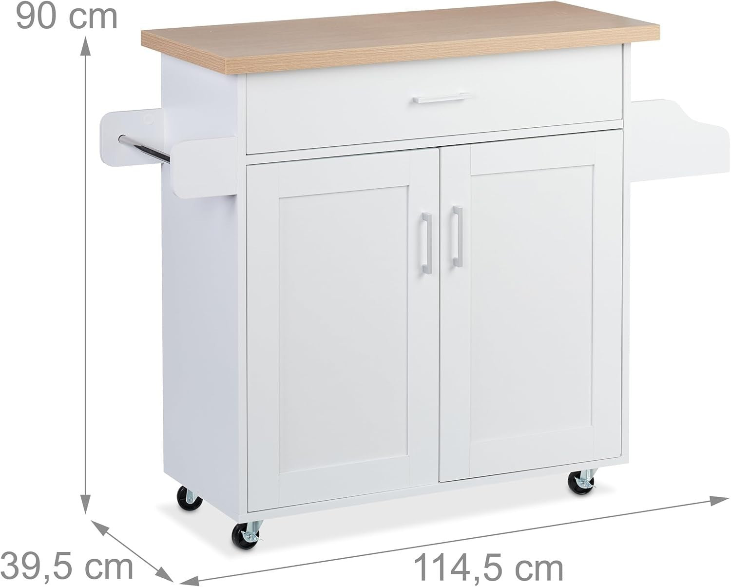 White Kitchen Trolley Cart with Drawer, Worktop & Storage – 114x39x90cm