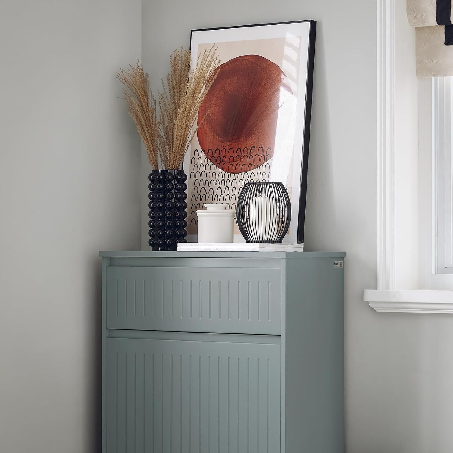 Slim Grey Shoe Storage Cabinet 2 Flip + 1 Pull-Out Drawer, Space Saver