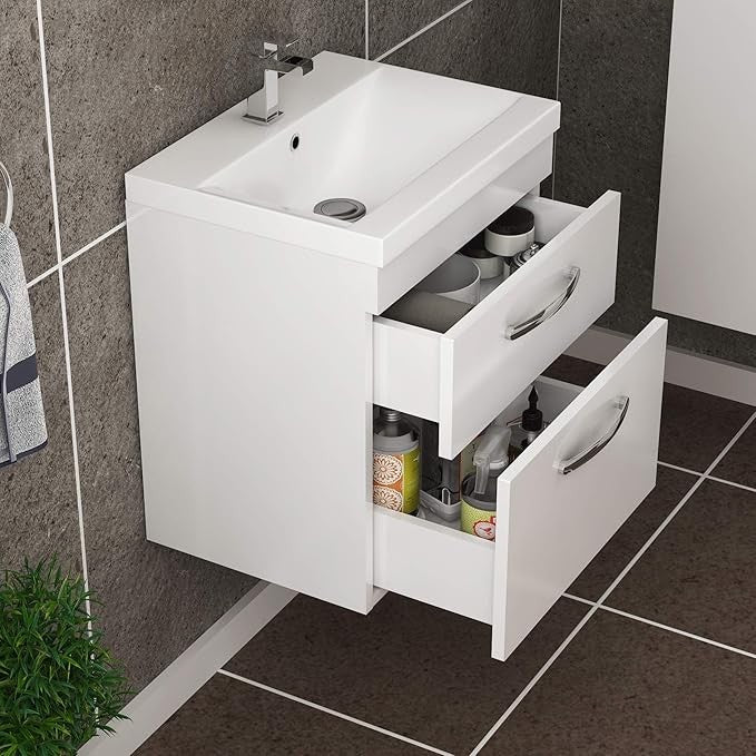500mm Wall Hung White Gloss Vanity Unit – 2 Drawer Sink Cabinet with Basin