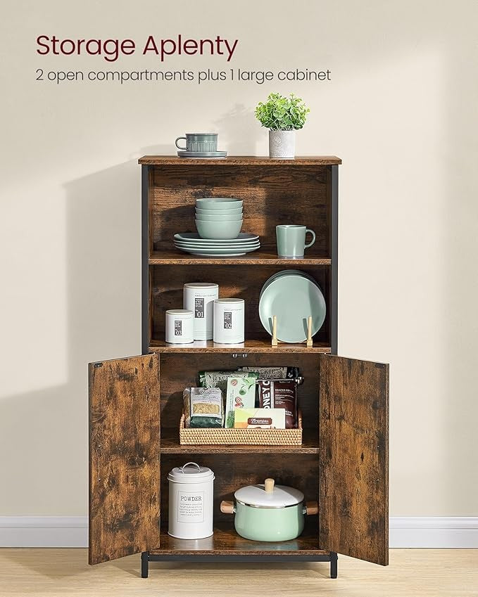 Rustic Brown Industrial Storage Cabinet with Shelves & Cupboard for Living Room