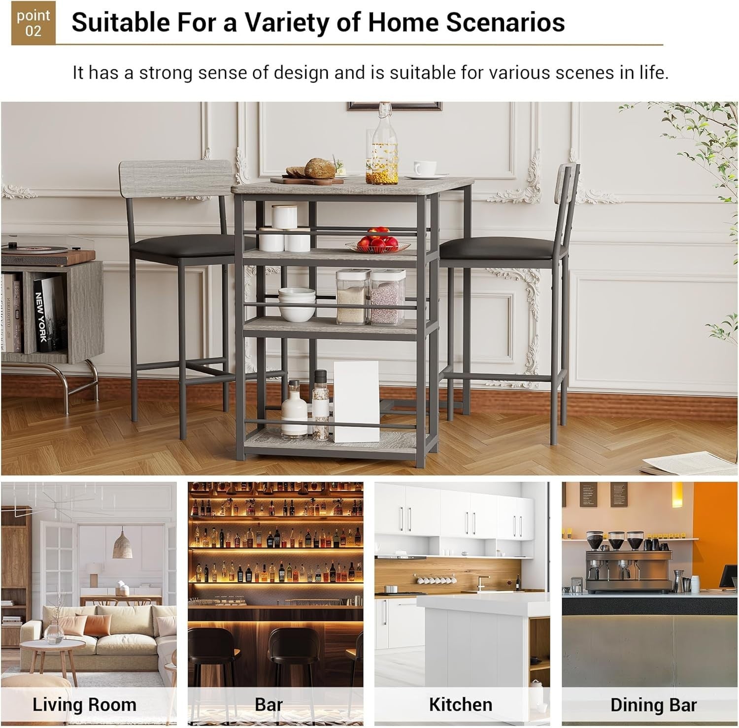3-Piece Rustic Brown Bar Table Set with 2 Stools & 3 Storage Shelves Dining Set