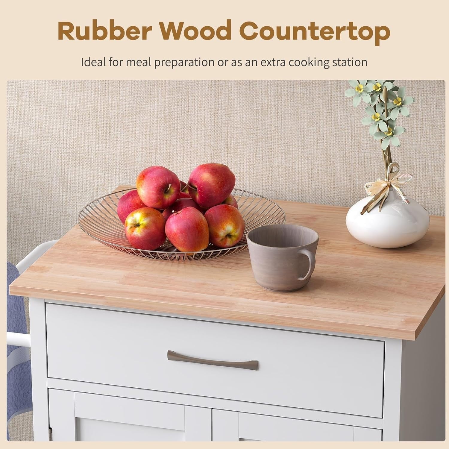 Rolling Kitchen Island Cart with Drawer Cabinet Shelf & Towel Rack White