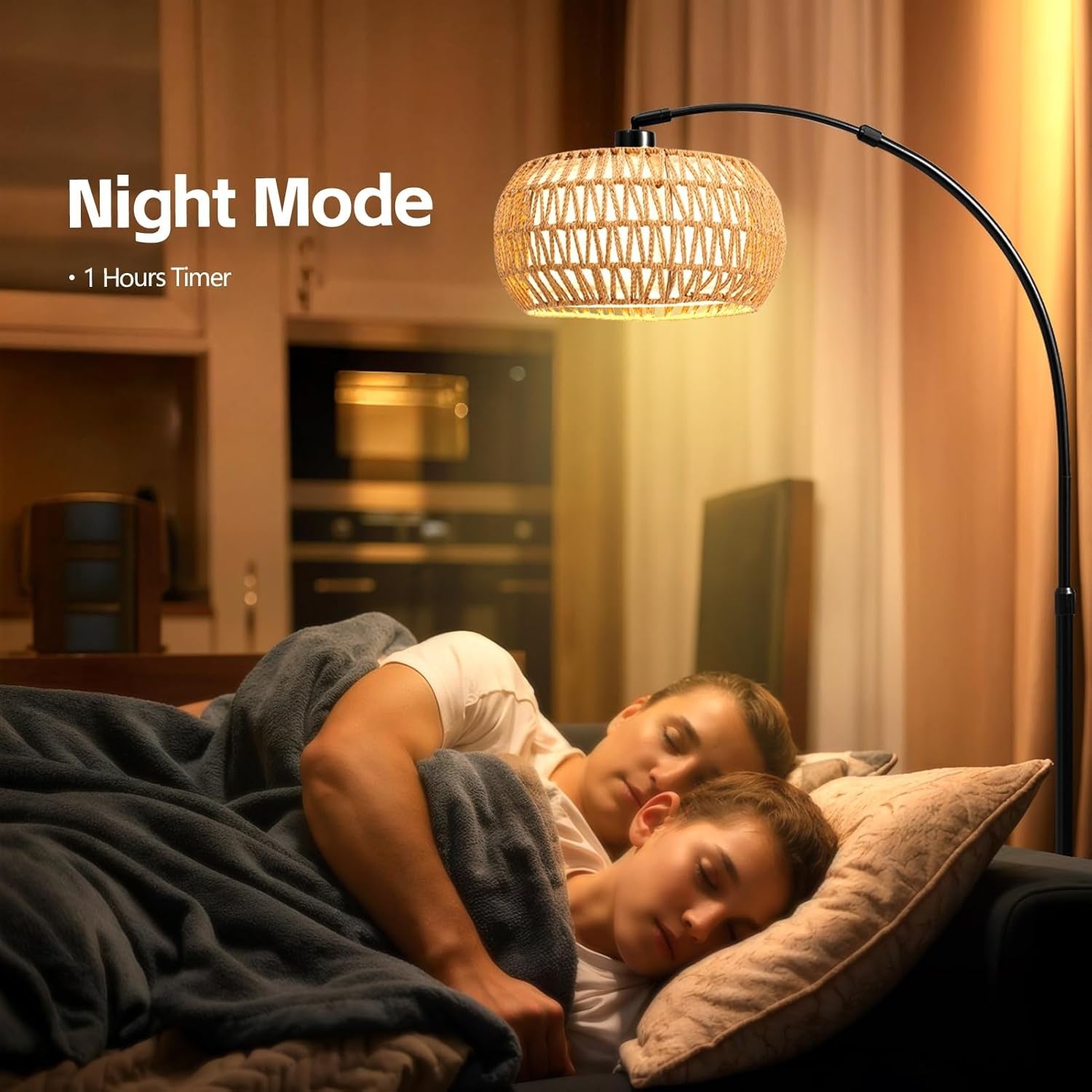 Boho Arc Floor Lamp Dimmable Remote Control Rattan Shade Black Stand