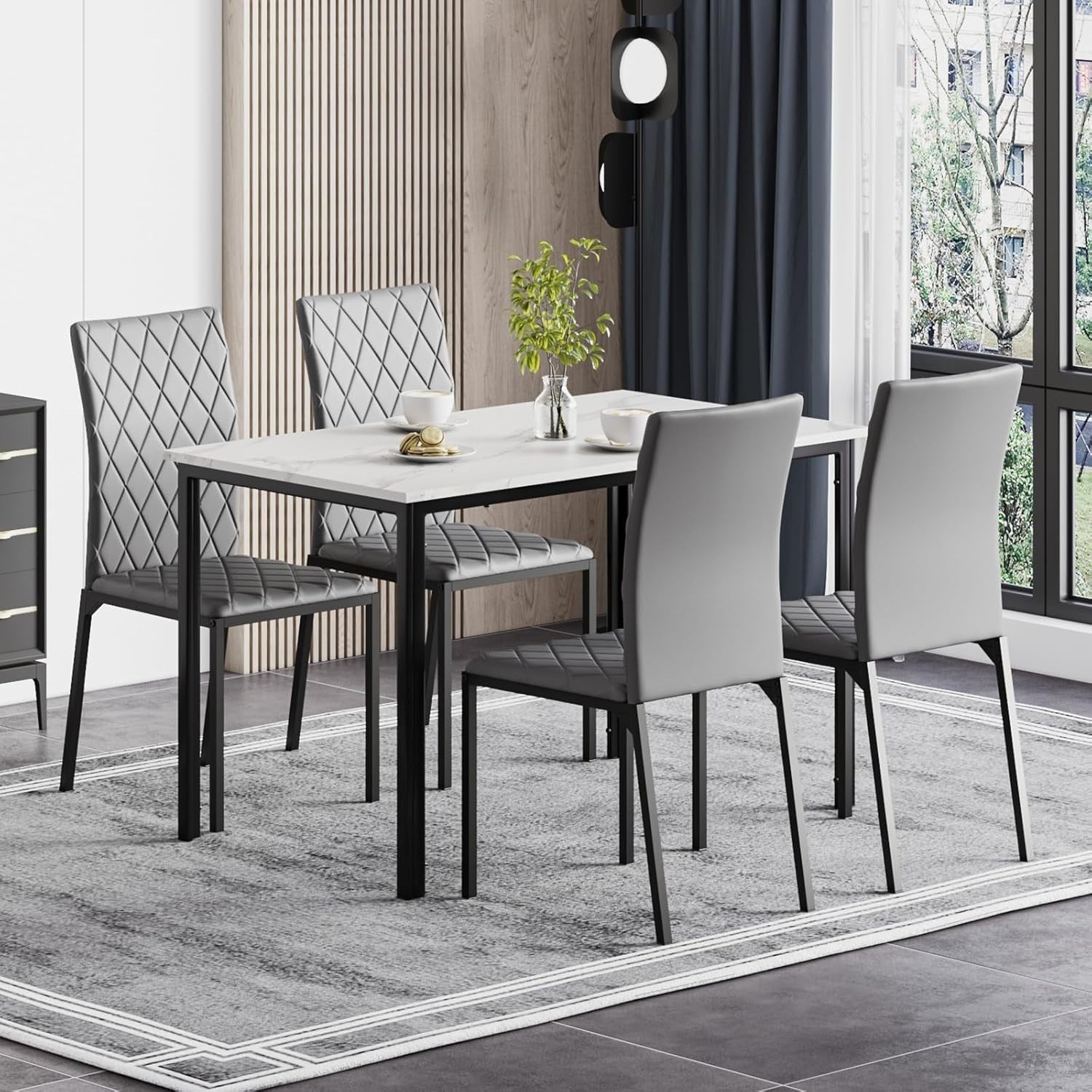Modern Marble Dining Table Set 4 PU Leather Chairs Grey Kitchen Furniture