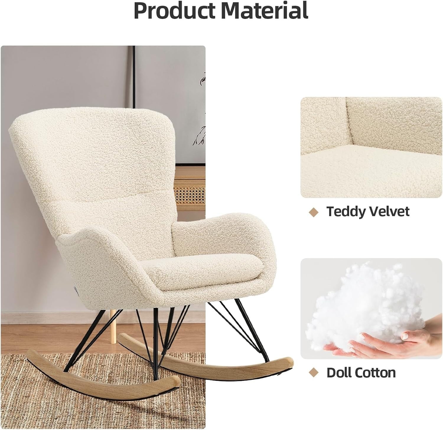 Comfortable Beige Cashmere Rocking Chair Recliner with Metal Frame & Cushion