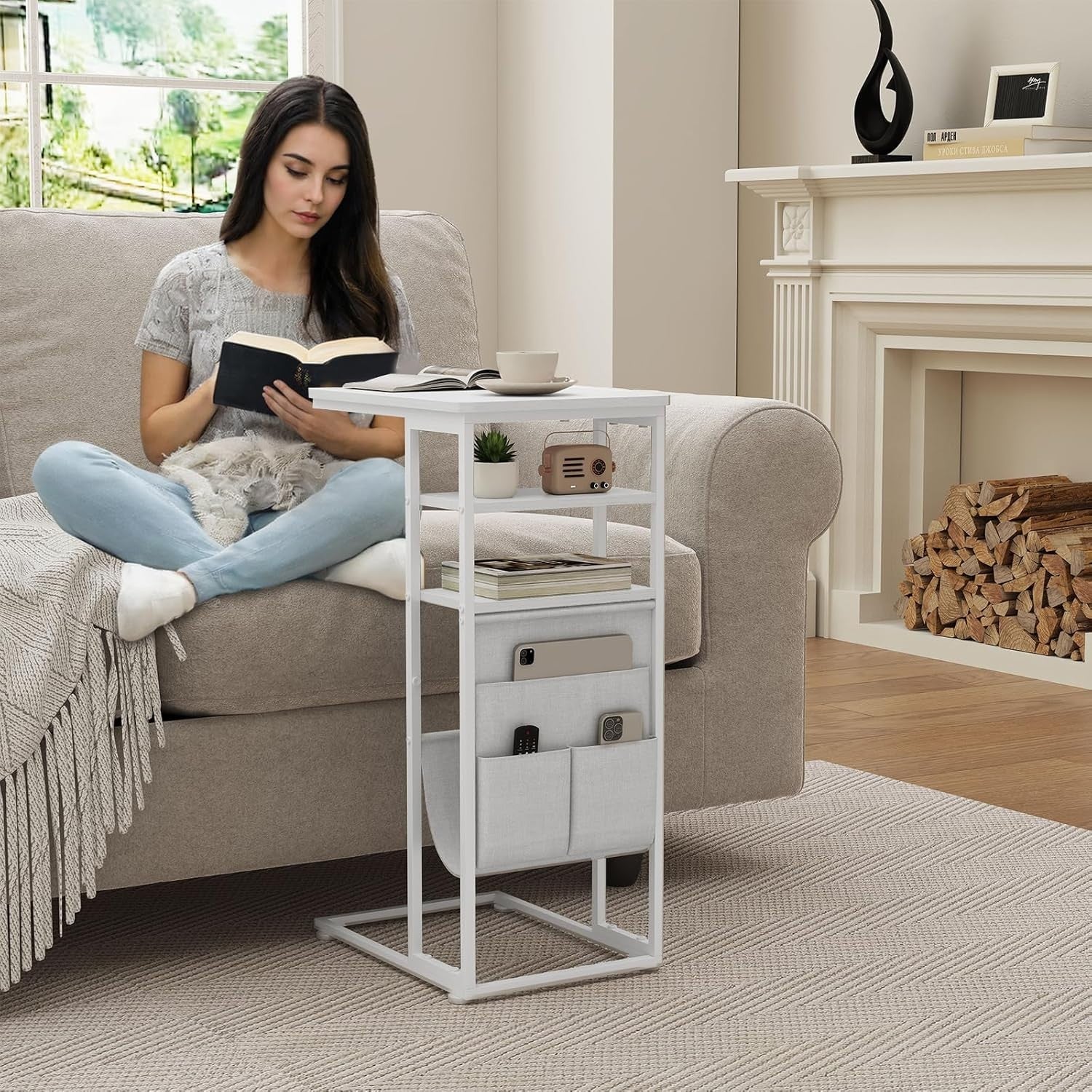 Slim C-Shaped End Table with Storage Bag | Adjustable Metal Frame, Space Saver