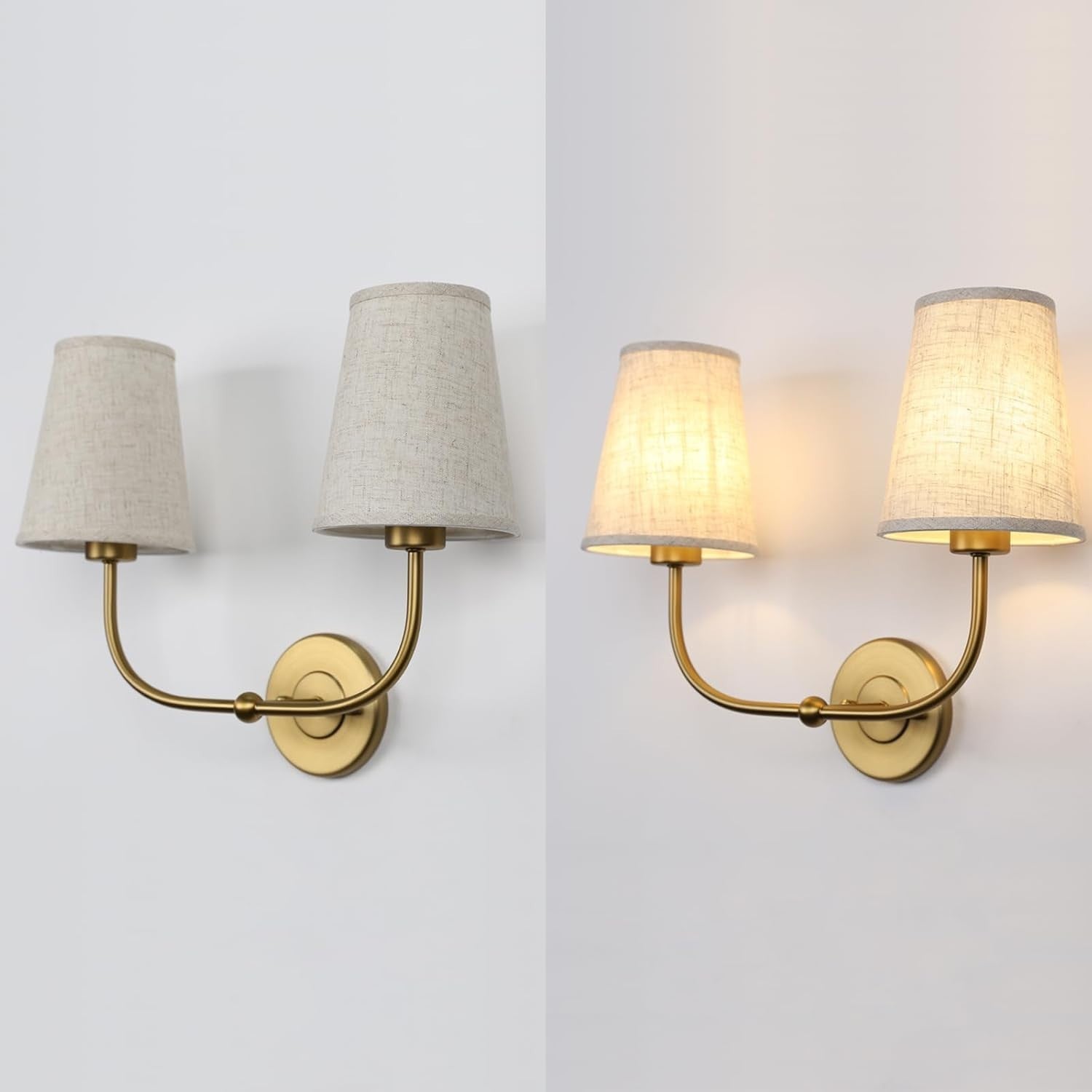 Antique 2-Light Wall Sconce Linen Fabric Shades Bedroom & Bathroom Lamp