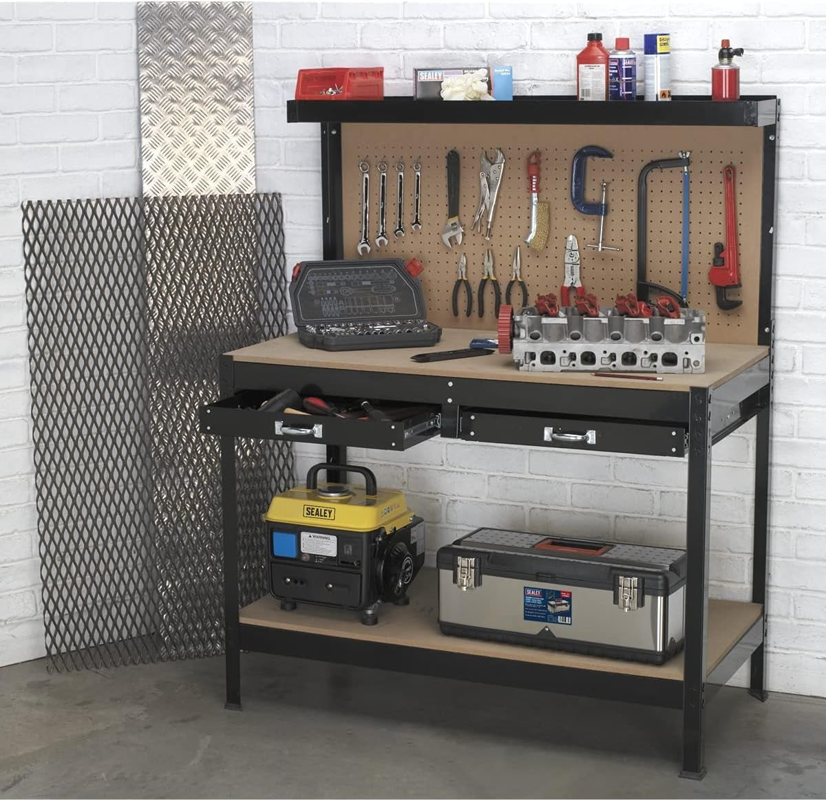 Workbench 1.2m with Drawers Pegboard Shelf Boltless Assembly 100kg Capacity