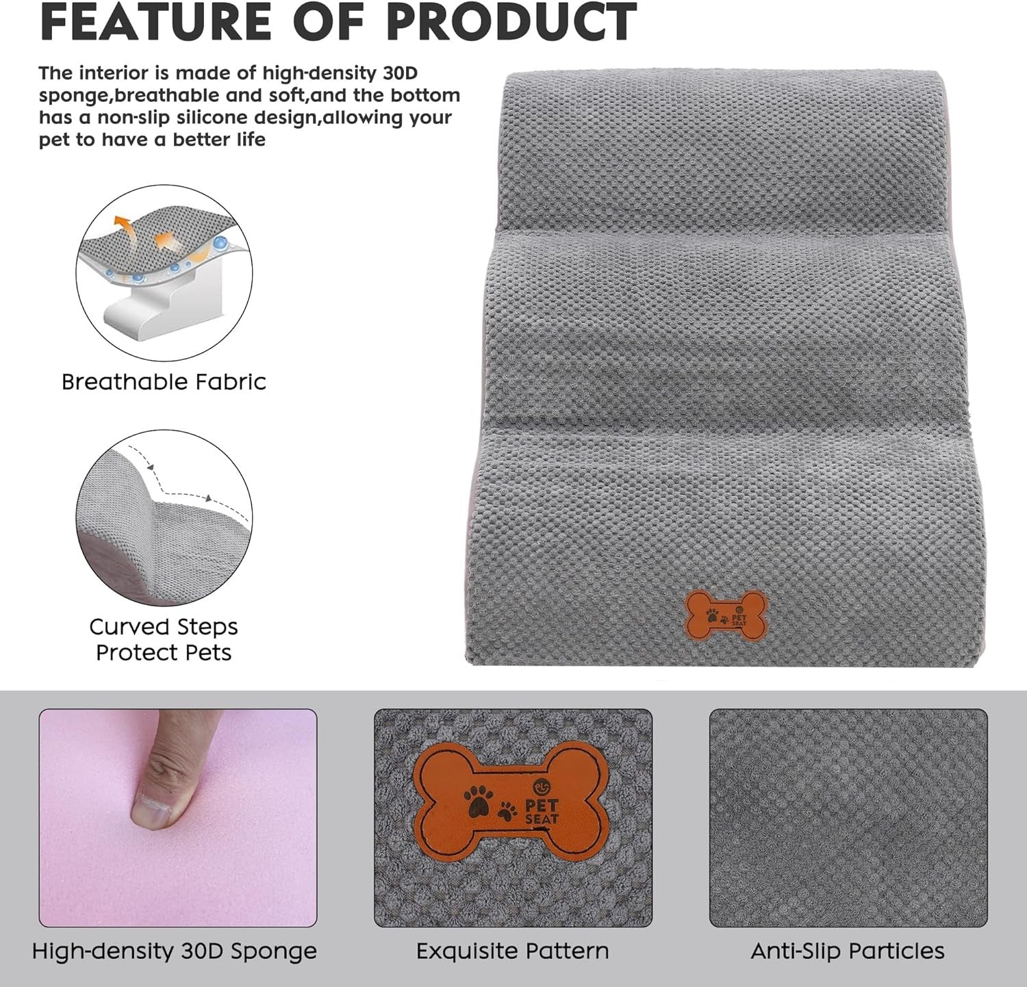 Grey 3 Step Dog Stairs Foam Pet Ramp Non Slip for Bed Sofa 57x40cm