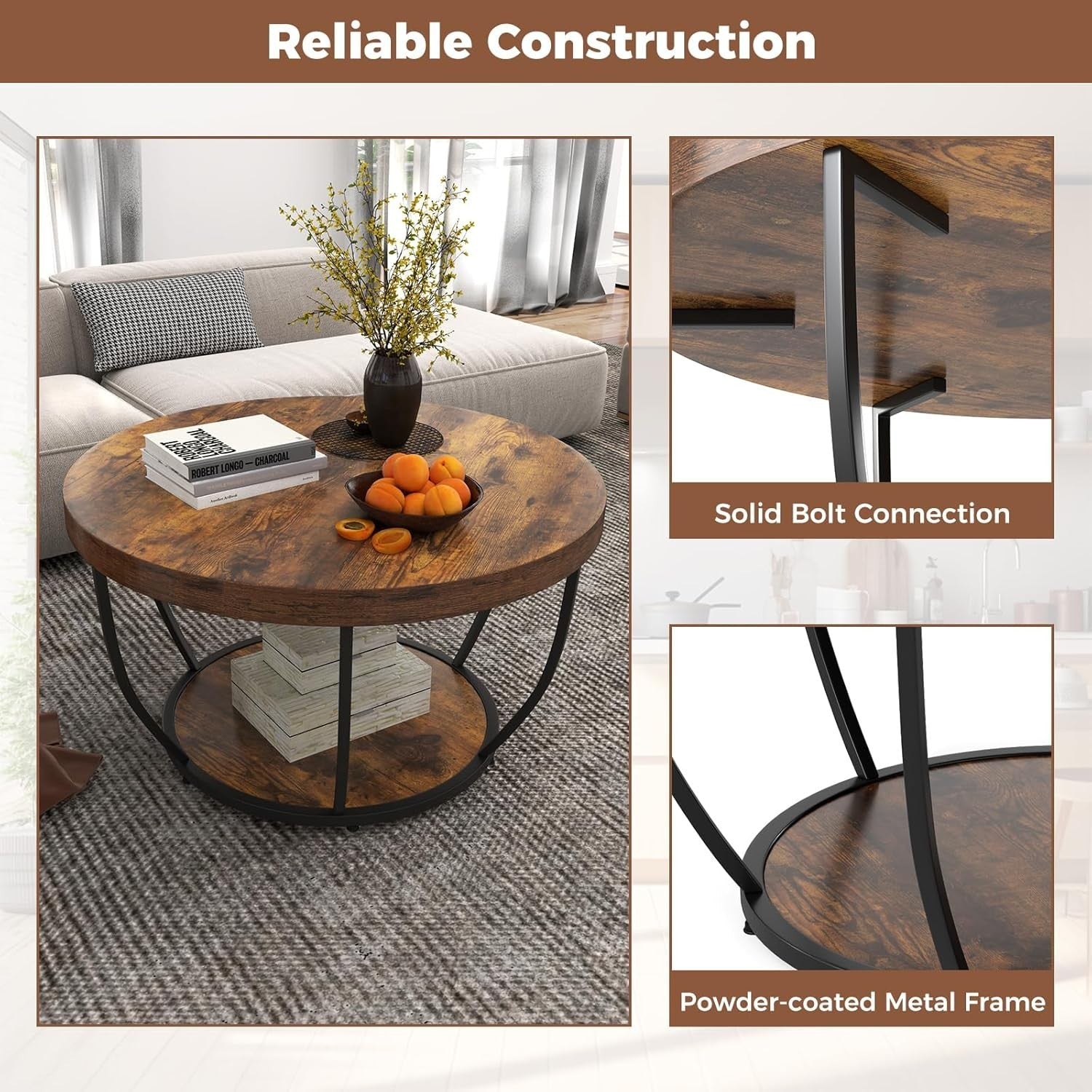 Round 2-Tier Coffee Table with Storage Shelf, Industrial Metal Frame, Rustic Bro