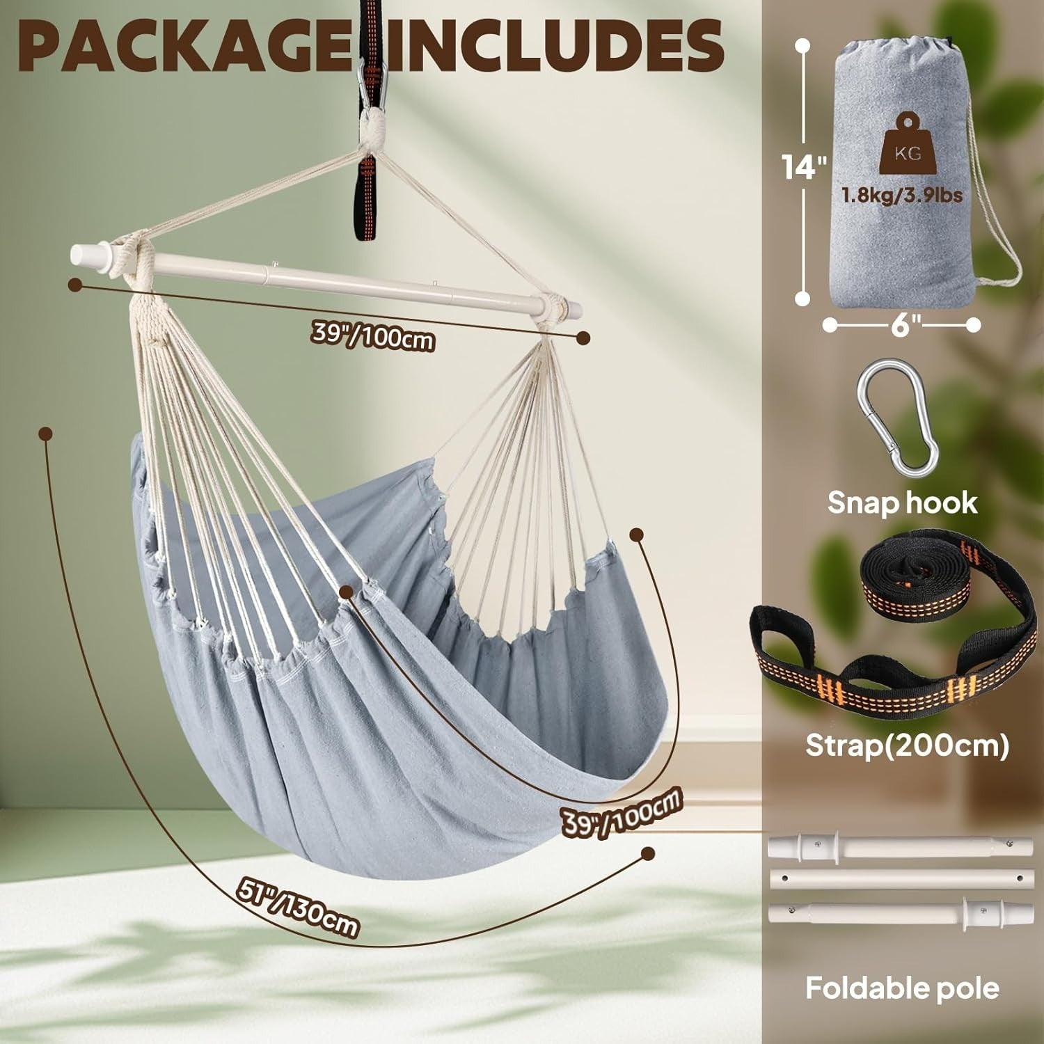 Hammock Chair Swing – Collapsible Cotton Seat, Portable Indoor/Outdoor, 1 Person