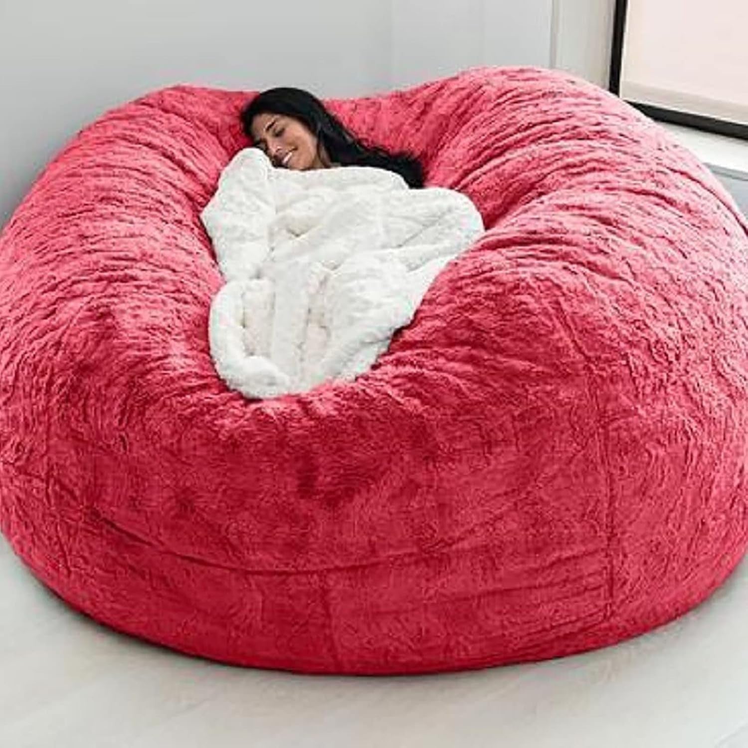 Red Giant Faux Fur Bean Bag Cover Chair Soft Washable No Filler 5FT Adults
