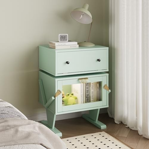 Modern LED Nightstand with Storage, Rotating Drawer & Glass Door, Green