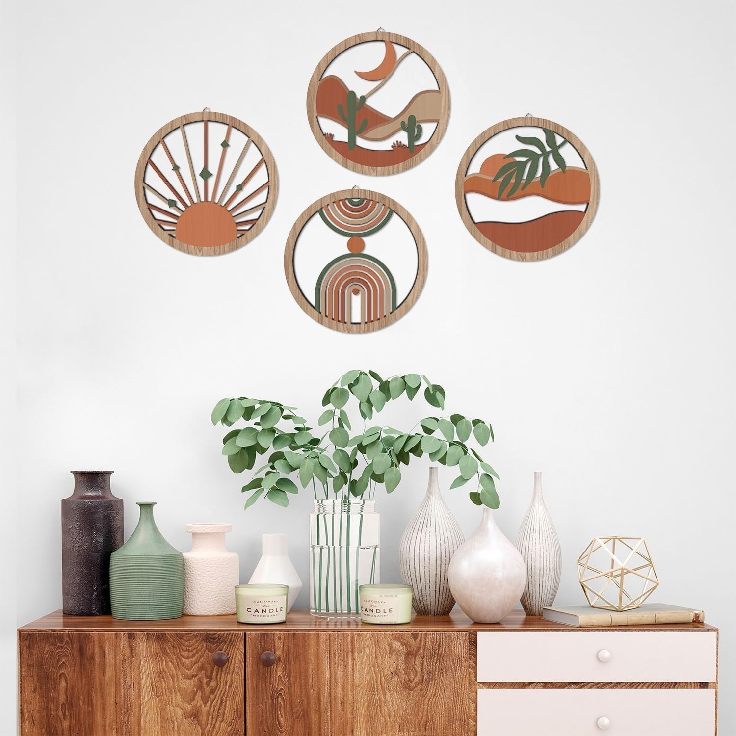 Boho Wall Art 4pcs 10"x10" Geometric Wood Signs Minimalist Decor