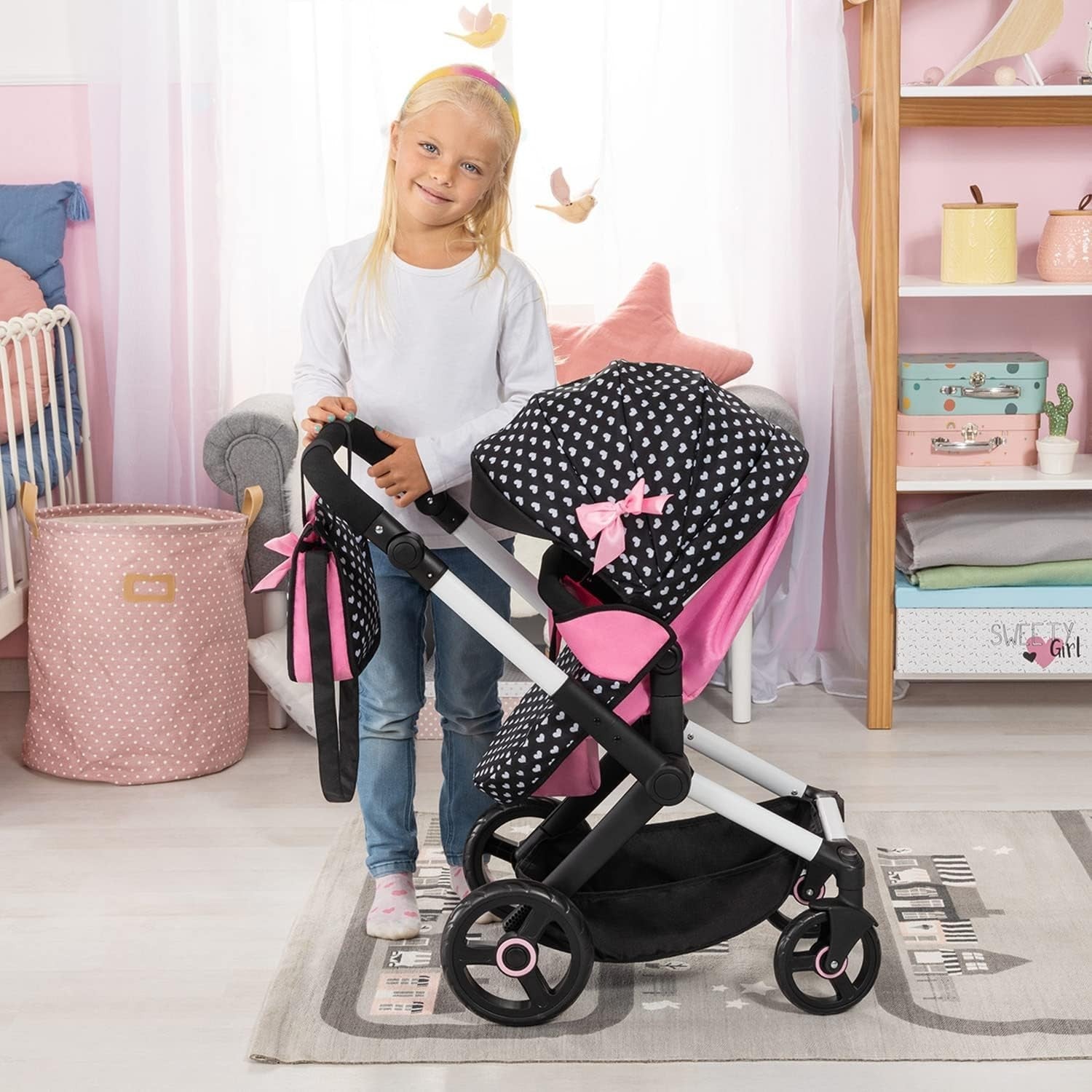 3in1 Dolls Pram Pushchair Carrycot Set Adjustable Handle Tall Toy Buggy