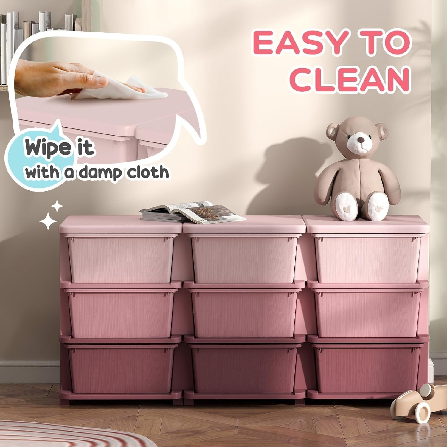 Kids 9-Drawer Storage Unit Toy Organizer Chest with Safe Rounded Corners Pink