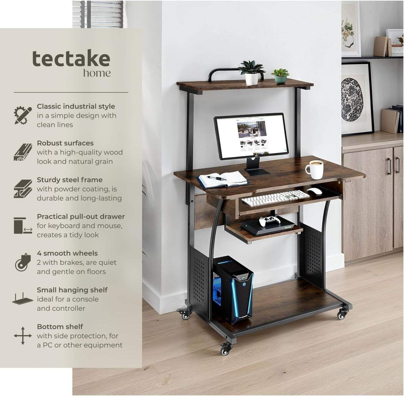 Dark Wood Mobile Computer Desk with 4 Tiers & Wheels for Home Office