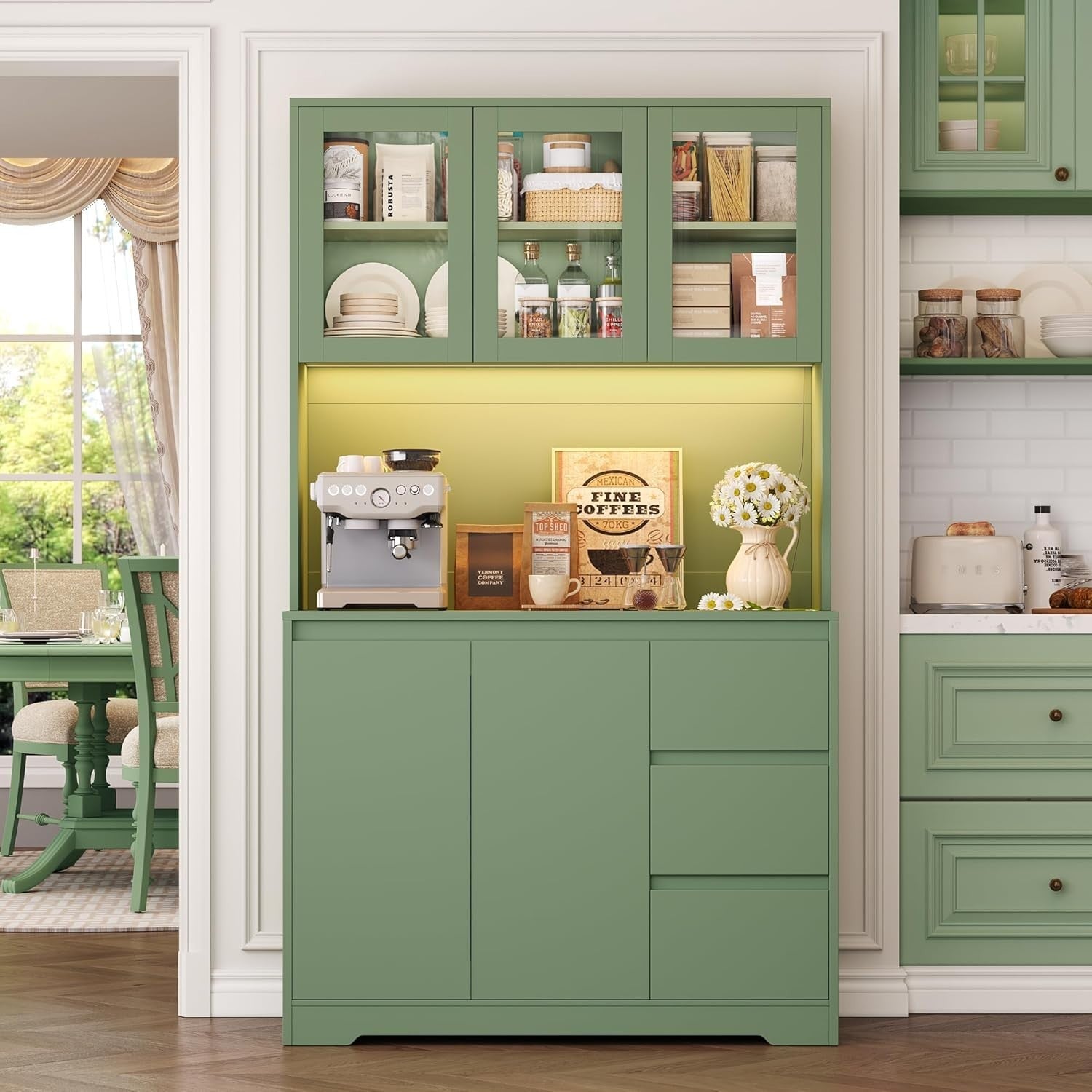 Green Tall Kitchen Cupboard with LED, Sockets, Drawers & Shelves