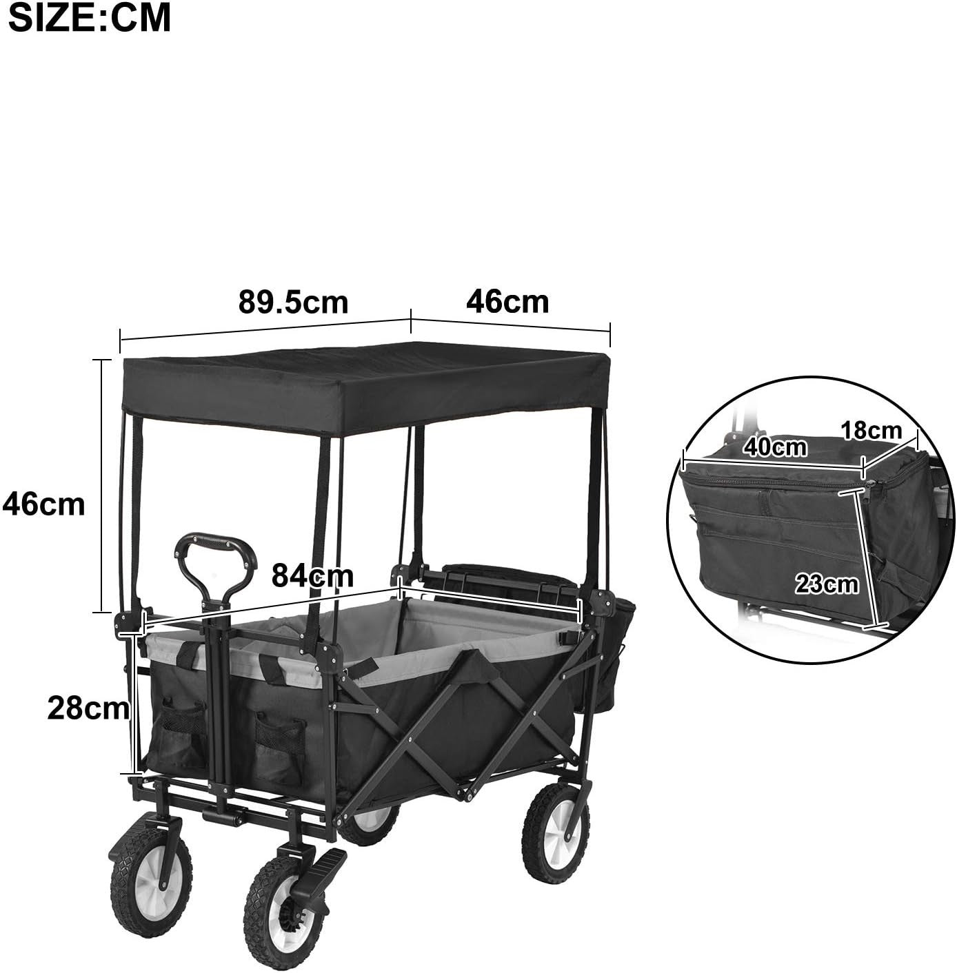 Black 150kg Folding Garden Wagon with Canopy Heavy Duty Festival Camping Trolley