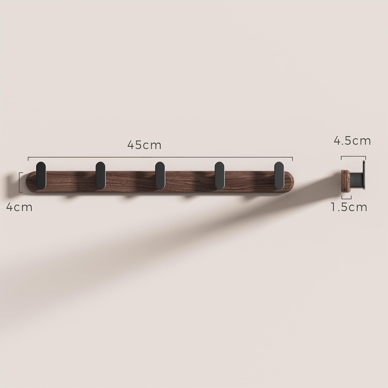 Black Walnut Wall Mounted Coat Rack | 45cm Solid Wood Hooks for Coats & Bags