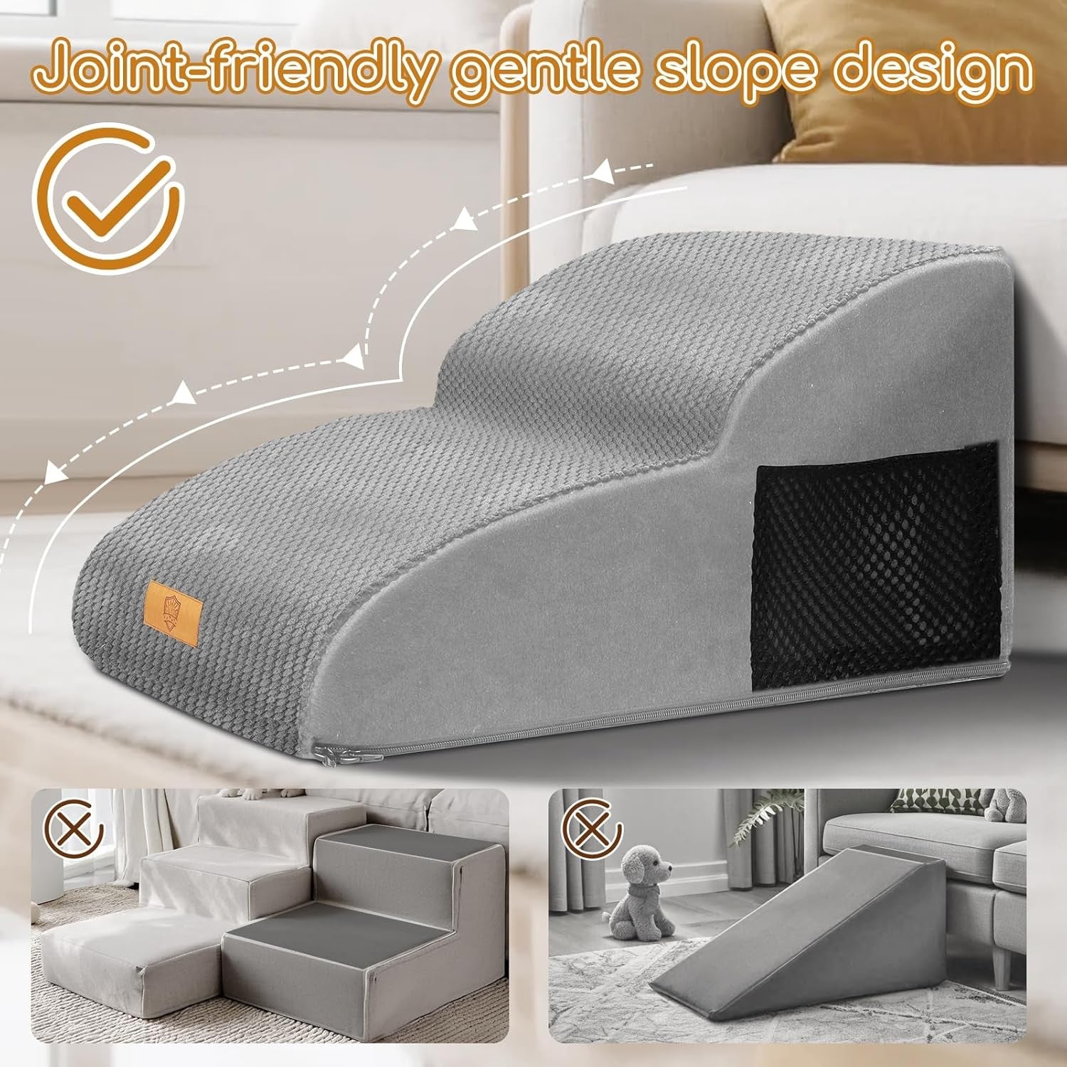 Grey 2 Step Dog Ramp Stairs with Pocket Non Slip 55x40x30cm