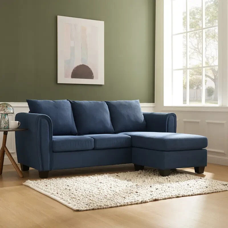 Blue Cord 3 Seater Sofa With Chaise Reversible Cushions Deep Seat UK Made