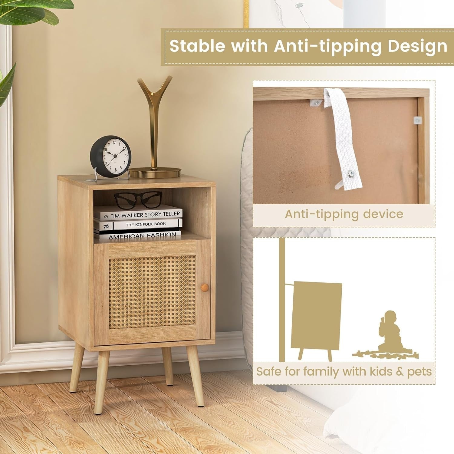 Set of 2 Natural Wood Bedside Tables with Rattan Door & Shelf